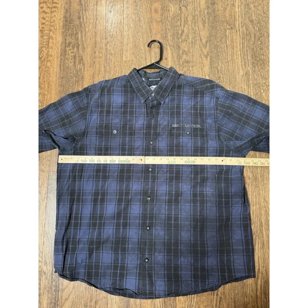 Harley Davidson Mens 2XL Blue Black Plaid Short Sleeve Button Up Shirt Biker - Picture 2 of 6